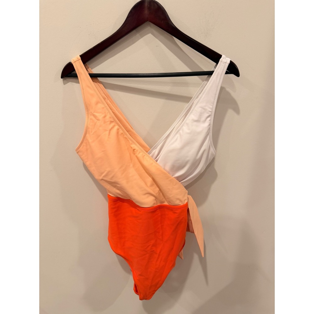 Cupshe Womens Colorblock Wrap Side Tie One Piece Swimsuit Orange Peach White L